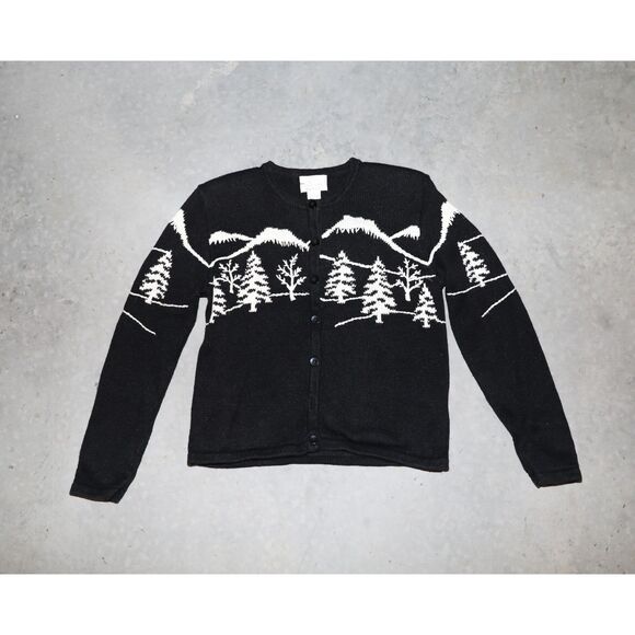 Vintage 80s Black Knitted Cardigan Sweater Preppy Style Long Sleeve Top Small - Picture 1 of 3